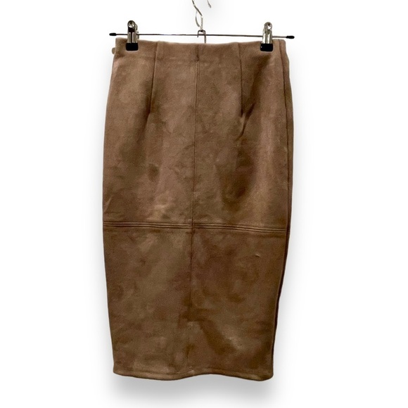 Seek The Label Faux Suede Pencil Front Slit Knee Length Taupe Skirt | Size XS - Picture 2 of 6